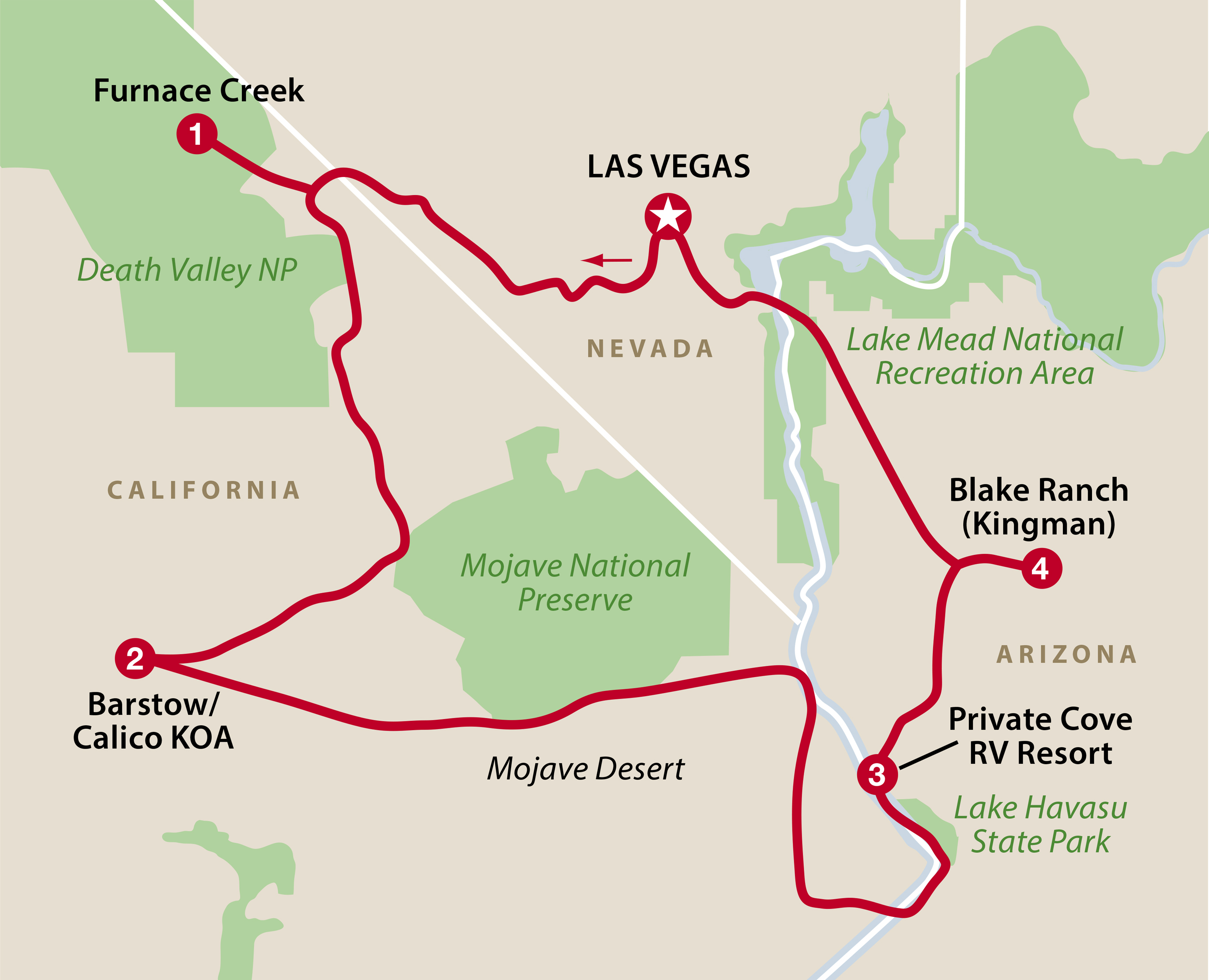 Mapa ruta Death Valley & Lake Havasu Add-On